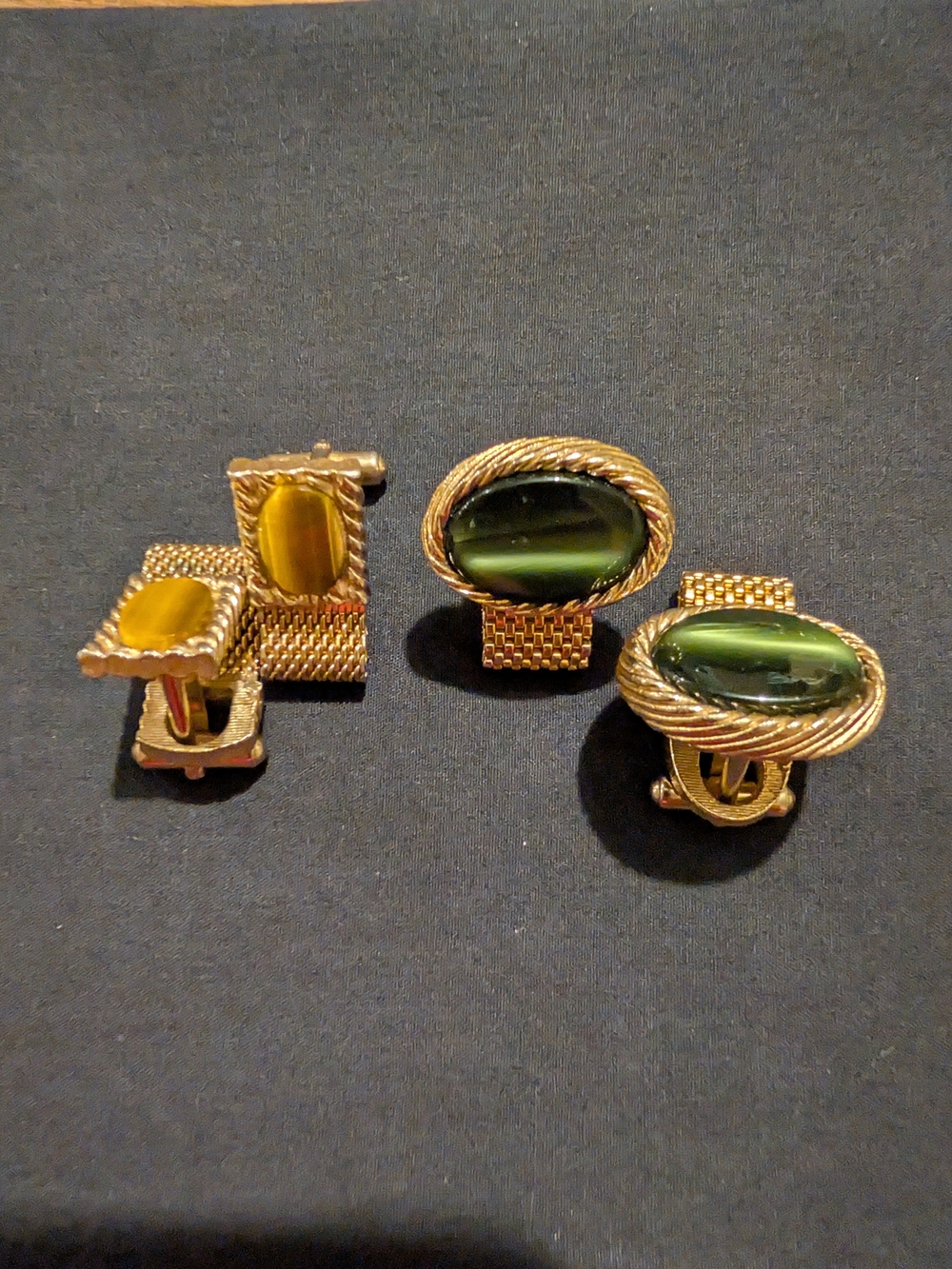 Vintage Men's Gold-Tone Cufflinks Set with Green and Amber Cabochons